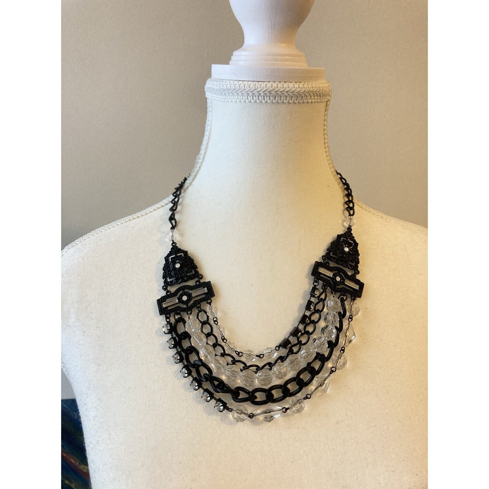 Robert Rose Black Layered Gothic Necklace Clear Bead Rhinestone Statement Grunge